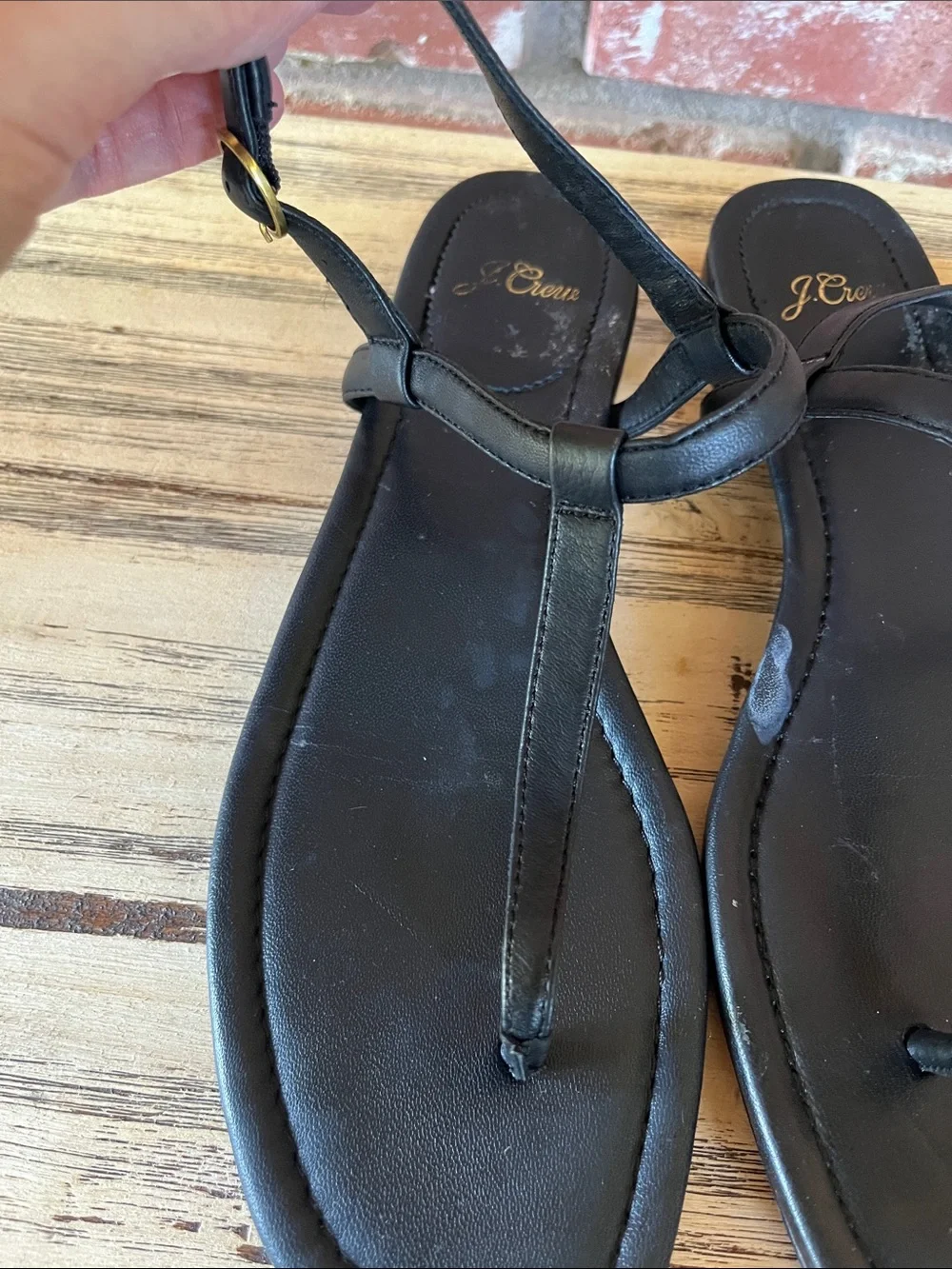 J. Crew Black Leather Loop T-Strap Sandals As Is Condition